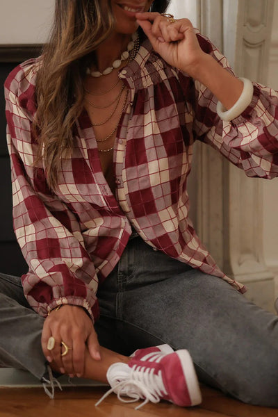 Women's Chic Wild Ginger Plaid Puff Sleeve Shirt with Shirred Detail - Stylish Round Neck Top for Effortless Style