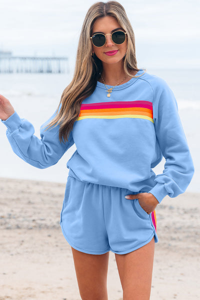 Chic Beau Blue Casual Two-Piece Set for Women - Trendy Pullover and Stylish Shorts with Fashionable Accents