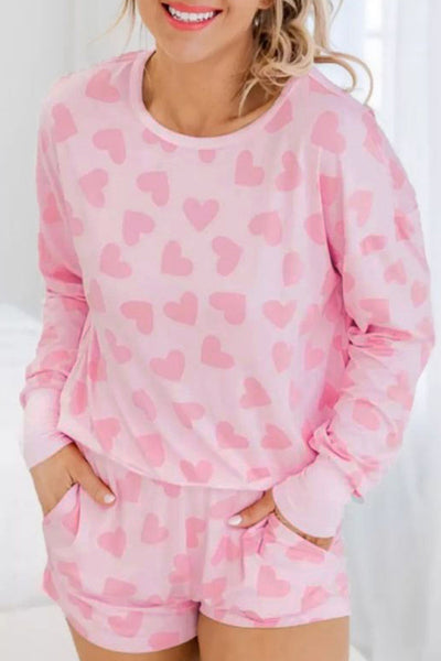Cozy Women's Pink Heart Print Long Sleeve Lounge Set - Perfect Valentine's Day Shorts Outfit for Relaxed Style