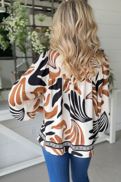 Plus Size Women's White Leaf Print Blouse with Contrast Trim and V-Neck Dolman Sleeves Perfect for Vacation Style