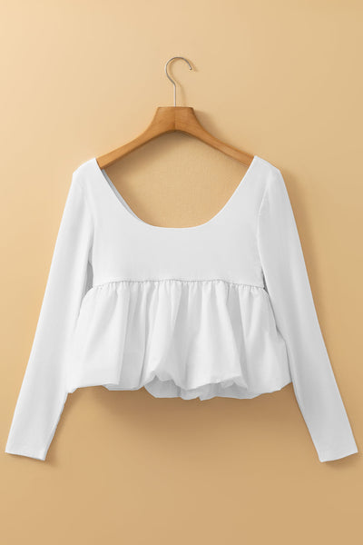 Stylish Women's White U-Neck Long Sleeve Top with Bubble Hem - Versatile for Casual and Dressy Occasions