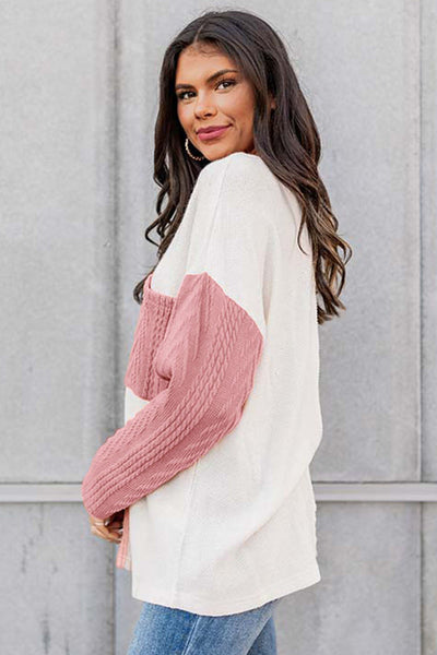 Women's Long Sleeve Colorblock Knit Top in Peach Blossom - Textured, Stylish Fit with Chest Pocket for Everyday Comfort