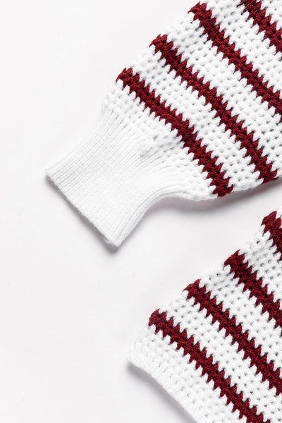 Women's Red Striped Knit Crewneck Sweater with Split Hem
