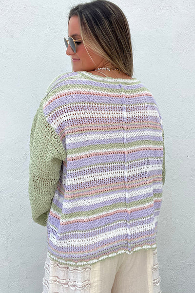 Stylish Women's Multicolor Striped Knit Cardigan with Color Block Design, V-Neck, Button Closure, and Cozy Patch Pockets