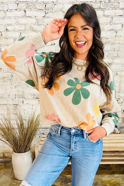 Trendy Women's Khaki Mineral Wash Sweatshirt with Floral Print and Drop Shoulders for Effortless Casual Style