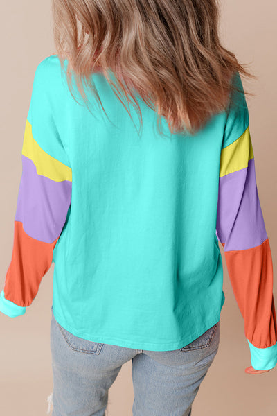 Casual Women's Light Blue Colorblock Long Sleeve Top - Comfortable Loose Fit Patchwork Design for Everyday Style