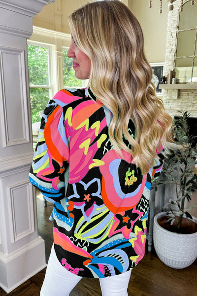 Chic Women's Black Abstract Print Blouse with Ruffled Sleeves and Buttoned V-Neck for Effortless Style