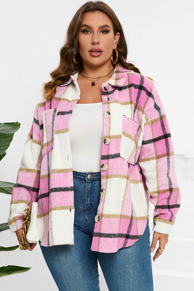 Chic Women's Pink Plaid Jacket - Cozy Casual Outerwear for Trendy Fall and Winter Looks