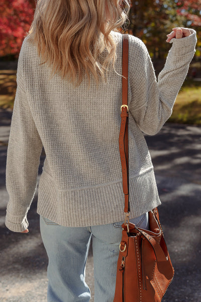 Cozy Chic Women's Gray Waffle Knit High Neck Sweater with Ribbed Details and Drop Shoulders for Effortless Style