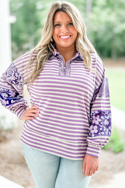 Plus Size Women's Floral Patchwork Long Sleeve Top in Purple Stripe with O-Ring Zip Neck and Stylish Collar