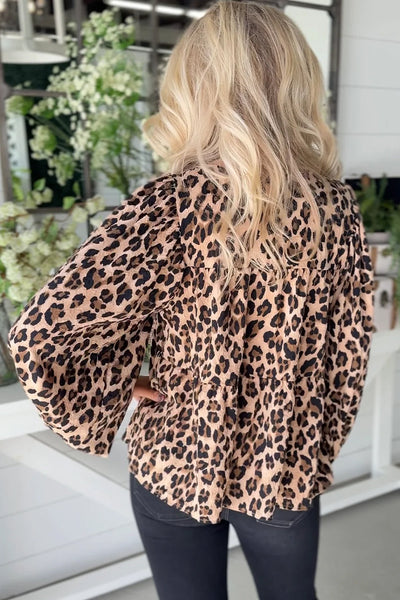 Chic Women's Khaki Leopard Print Blouse with Long Puff Sleeves & Tie-Front Perfect for Trendy Everyday Style