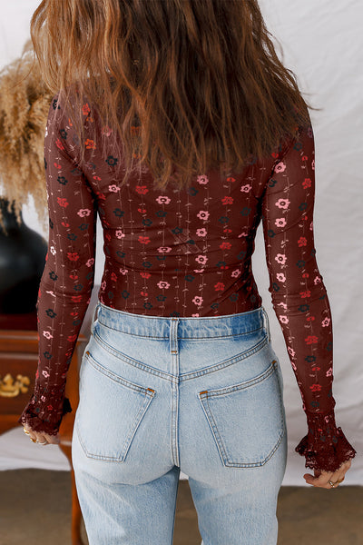 Chic Women's Slim Fit Red Floral Mesh Bodysuit with Smocked Cuffs - Perfect for Stylish Occasions and Everyday Wear