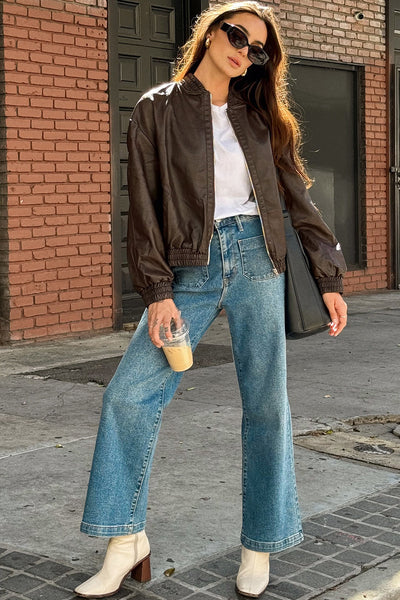 Chic Women's Dark Brown Faux Leather Bomber Jacket with Elastic Cuffs for a Trendy and Comfortable Fit