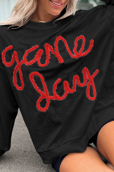 Stylish Women's Black Graphic Sweatshirt with Drop Shoulders for Game Day Comfort and Trendy Casual Wear