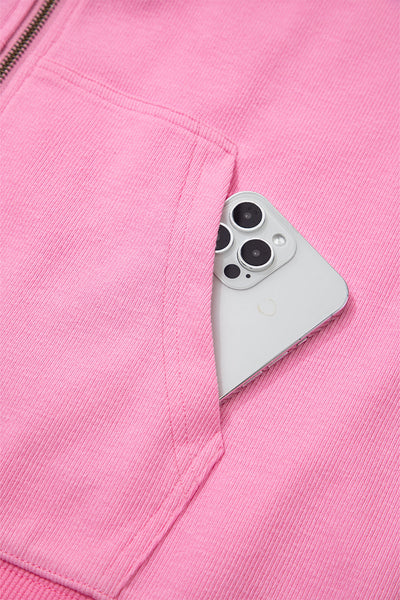 Women's Sachet Pink Ribbed Zip-Up Hooded Jacket