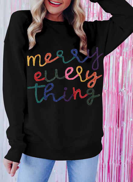 Women's Cozy Black Merry Everything Tinsel Sweatshirt - Casual Holiday Graphic Top for Festive Comfort