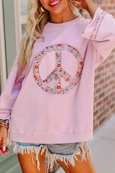 Light Pink Floral Peace Sign Drop Shoulder T-Shirt for Women - Casual Wide Sleeve Top for Effortless Style and Comfort