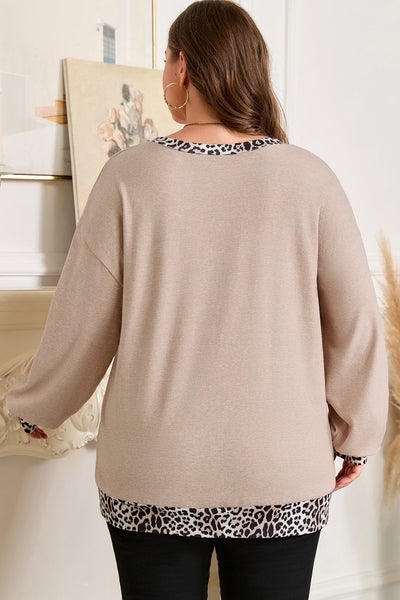 Women's Plus Size Leopard Trim V-Neck Tunic Top in Taupe