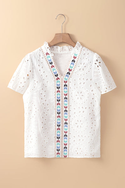 women's white geometric embroidery hollow out blouse - stylish summer top with trendy cut-out design made for easy styling and wardrobe coordination,