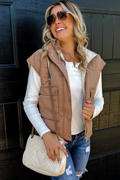 Women's Stylish Smoke Gray Color Block Zip-Up Winter Vest with Snap Button Closure and Trendy Patchwork Design