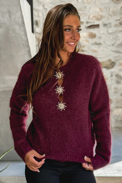 Stylish Red Dahlia Women's Casual Sweater with Solar Button Neck Comfortable Everyday Wear for Effortless Style