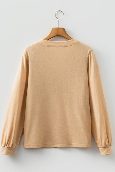 Women's Light French Beige Long Sleeve V-Neck Henley Blouse