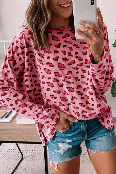 Women's Casual Loose Fit Pink Animal Print Long Sleeve Top with Stylish Stitching for Everyday Elegance
