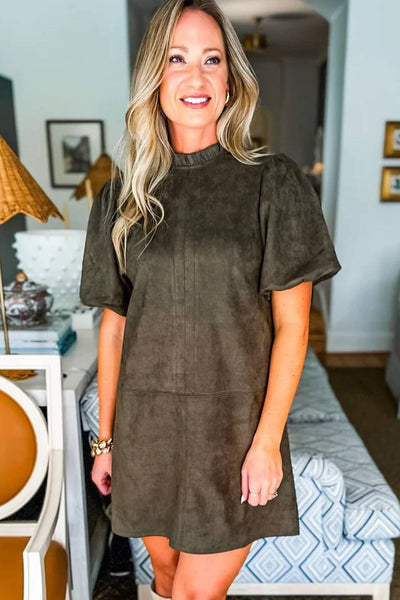 Moss Green Women's Frilled Mini Dress with Round Neck and Short Puff Sleeves - Chic Shift Style for Effortless Elegance