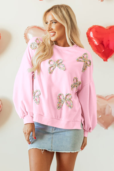 Cozy Light Pink Oversized Pullover Sweatshirt for Women with Embroidered Bow and Trendy Lantern Sleeves
