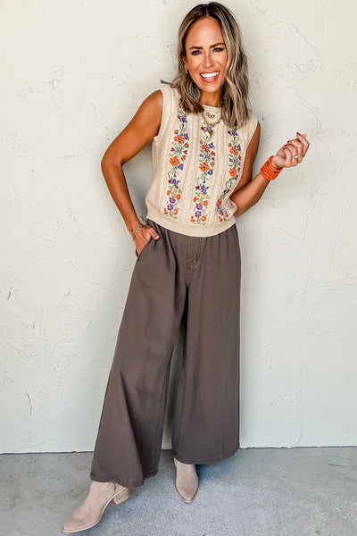 Cozy Women's Floral Embroidered Cable Knit Sweater Vest in Jet Stream - Ideal for Layering and Fall Styles
