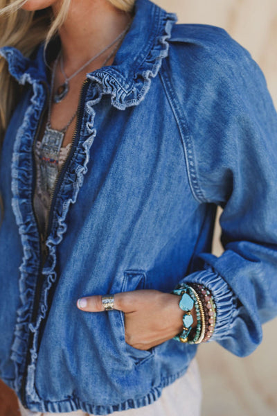 Stylish Women's Real Teal Denim Jacket with Frilled Trim, Zip-Up Closure, and Elastic Cuffs for a Casual Chic Look