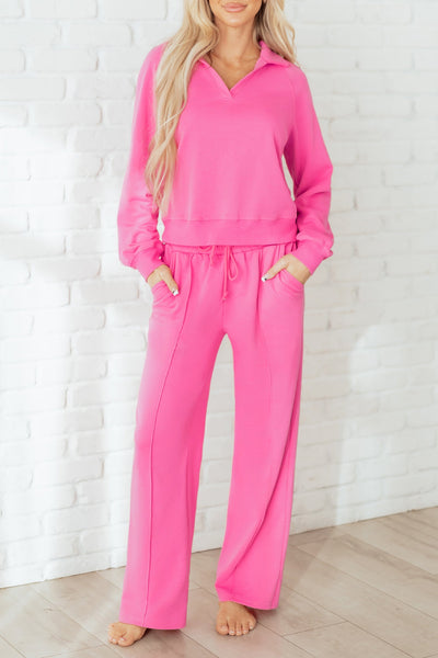 Women's V-Neck Polo Sweatpant Set in Sachet Pink Cotton Blend