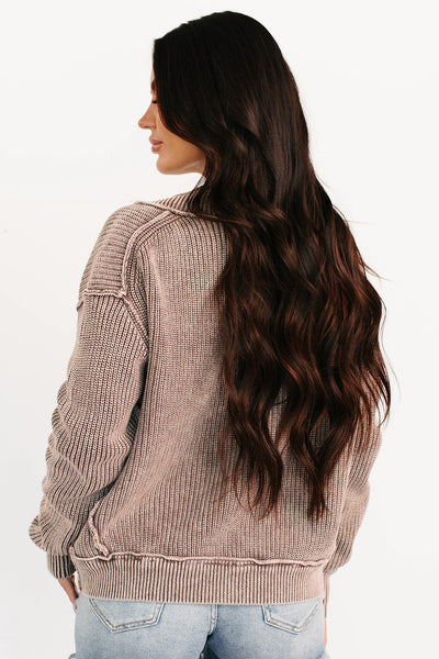 Women's Chestnut Mineral Wash Cotton Open Cardigan with Exposed Seams