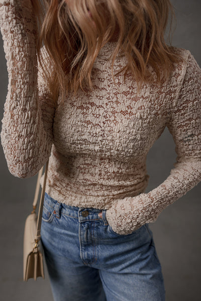 Elegant Blue Women's Lace Textured Slim Fit Mock Neck Long Sleeve Top for Stylish Casual Outfits