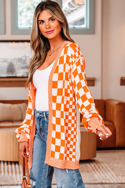 Cozy Women's Orange Checkered Cardigan - Stylish Knit Layer for Effortless Casual Looks and Comfortable Layering