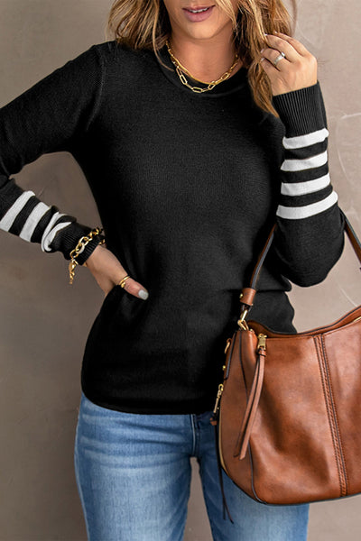 Chic Women's Black Knit Sweater with Striped Sleeves - Cozy Fashion for Fall and Winter, Perfect for Casual Outings