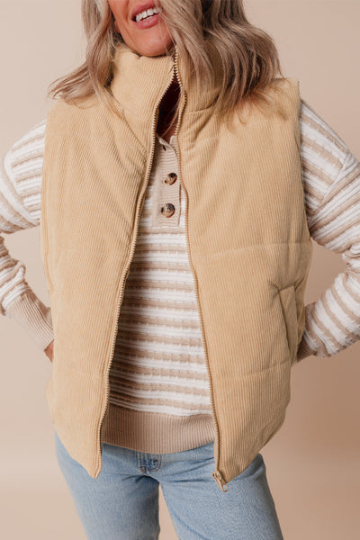 Beige Corduroy Puffer Vest with Stand Collar with practical styling and dependable silhouette control.
