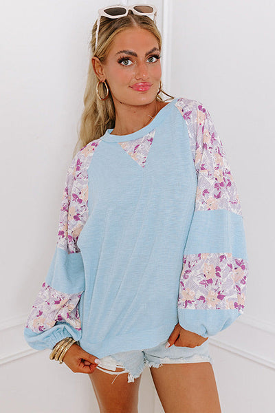 Women's Stylish Women's Beau Blue Floral Patchwork Balloon Sleeve Blouse - Chic Textured Top for Effortless Casual Looks