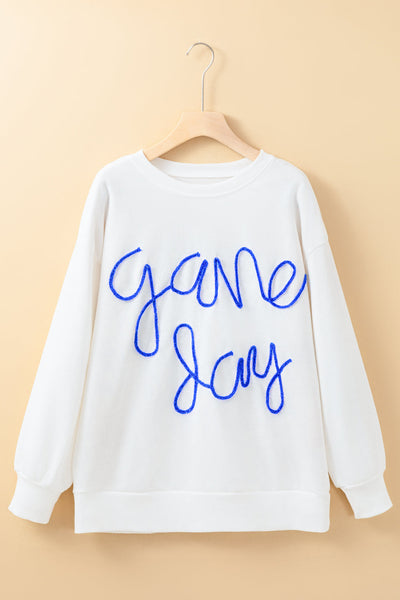 Women's White Graphic Sweatshirt with Drop Shoulders for Stylish Game Day Comfort and Effortless Casual Wear