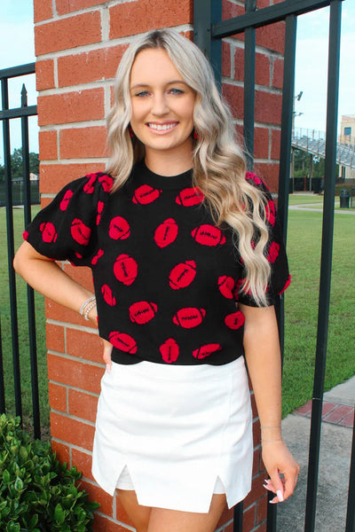 Women's Stylish Black Knit Short Sleeve Sweater with Rugby Print Comfortable Casual Top for Everyday Fashion