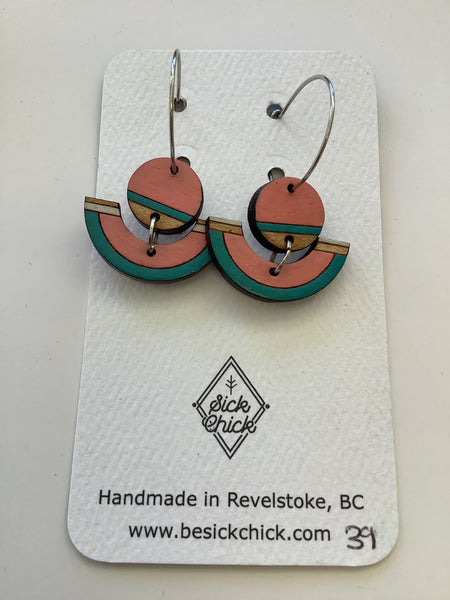 Geometric Semicircle + Circle wooden dangle earrings- Sick Chick (Revelstoke, BC)