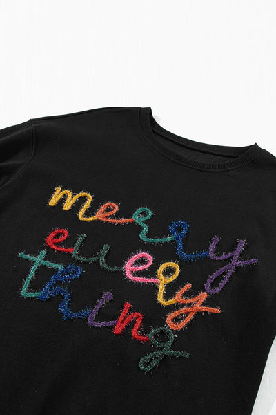 Women's Cozy Black Merry Everything Tinsel Sweatshirt - Casual Holiday Graphic Top for Festive Comfort