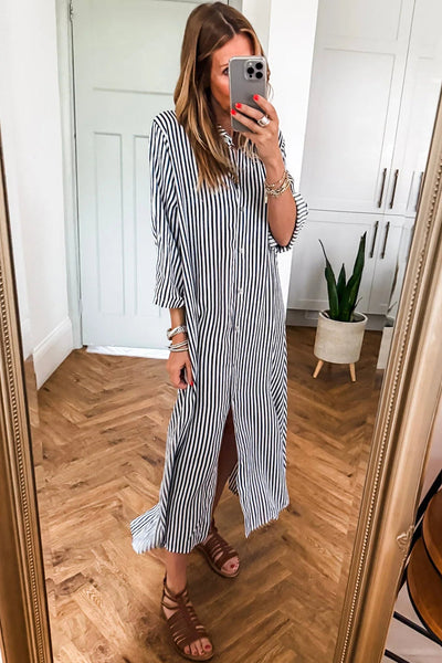 Women's Relaxed Fit Black Striped Maxi Dress with Side Pockets and Button-Up Closure for Effortless Chic Style