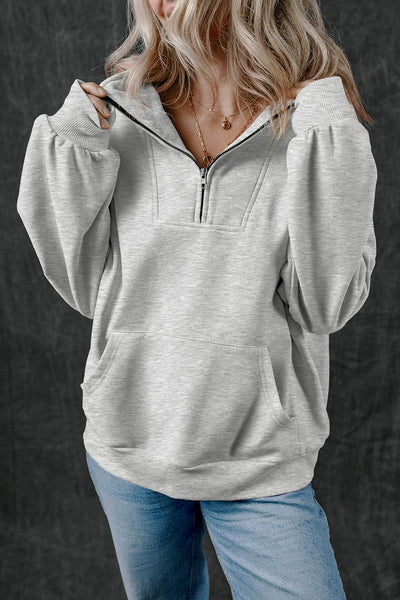 Cozy Women's Light Grey Zip-Up Sweatshirt with Stand Neck & Kangaroo Pocket - Perfect for Everyday Casual Style