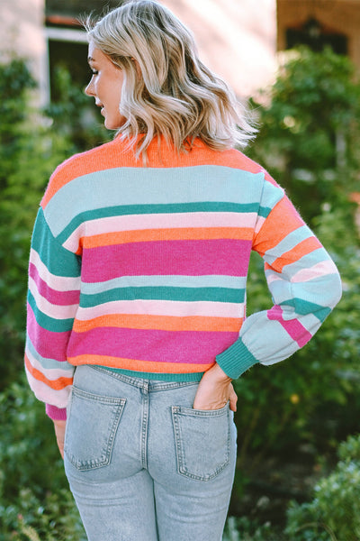 Cozy Women's Multicolor Striped Knit Sweater with Drop Shoulders and Puff Sleeves - Chic Casual Style for All Seasons