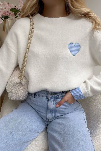 Women's Plaid Heart Embroidered Cuffed Crew Neck Sweater