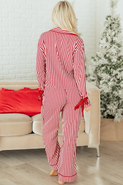 Women's Red and White Striped Long-Sleeve Pajama Set with Ribbon Details with practical styling and dependable silhouette control.