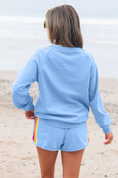 Chic Beau Blue Casual Two-Piece Set for Women - Trendy Pullover and Stylish Shorts with Fashionable Accents
