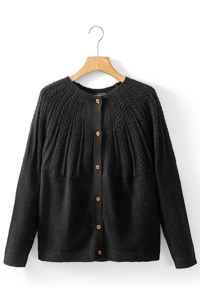 Women's Black Textured Cable Knit Cardigan with Wooden Buttons