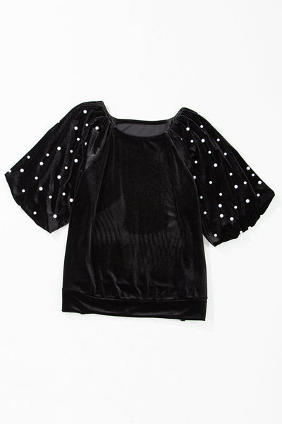 Chic Women's Black Velvet Top with Pearl Beading - Elegant Half Sleeve Design for Casual or Evening Events